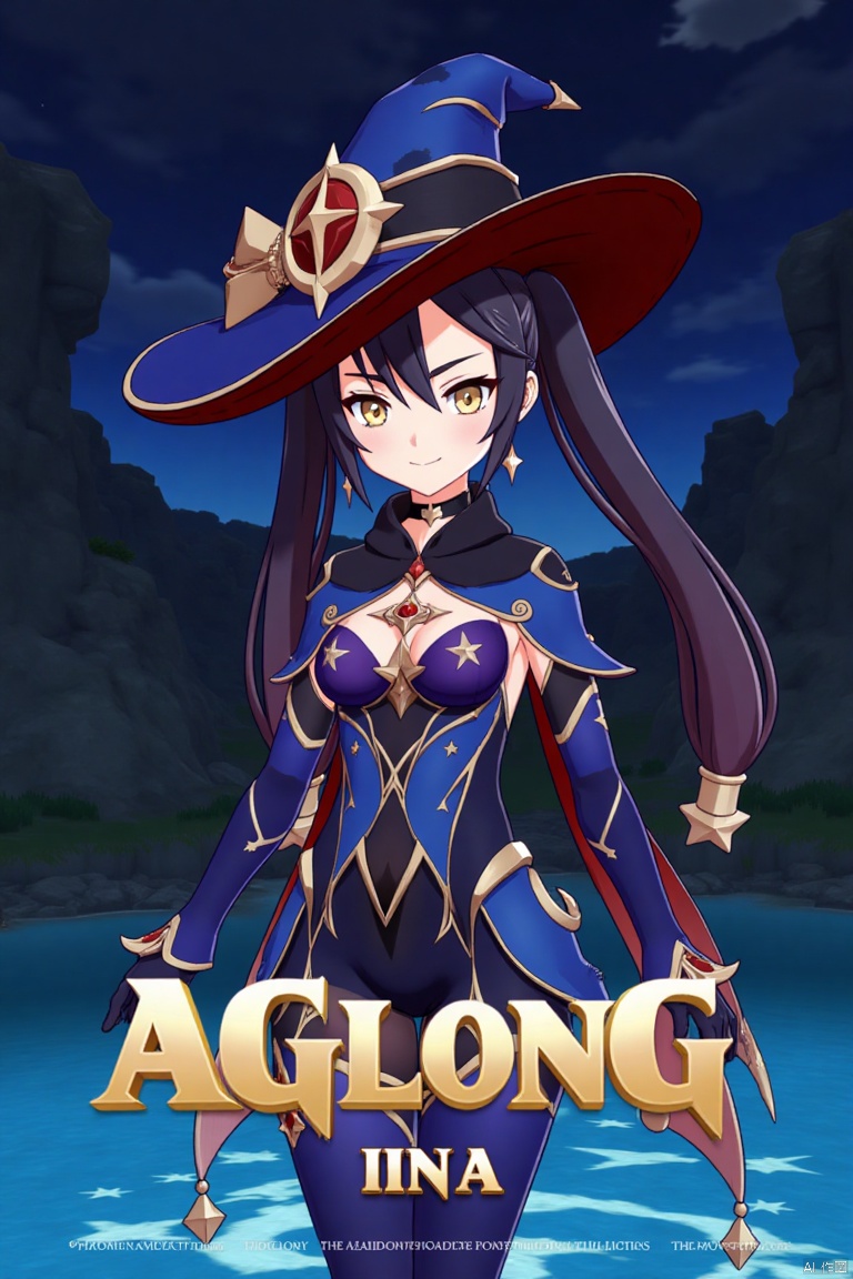 1girl, solo, long black hair with bangs, twintails, medium breasts, small breasts, wearing a witch hat, blue headwear, black gloves, detached sleeves, cape, leotard, bodystocking, thighlet, pantyhose, jewelry, earrings, smiling, looking at viewer, holding a book, standing in water with star symbols, cinematic lighting, dramatic atmosphere, high contrast, sharp focus, detailed background with a poster theme, dynamic composition, three-dimensional text AGlong in the middle below, movie poster style, inspired by Mona from Genshin Impact.