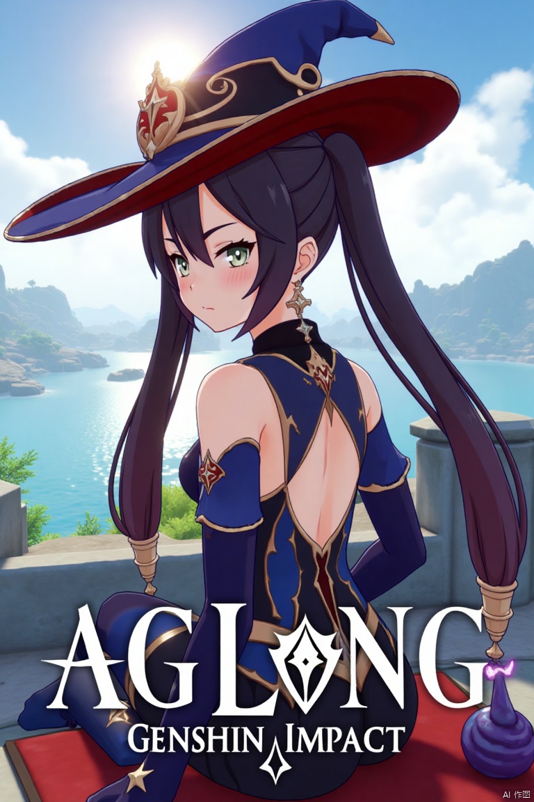 1girl, solo, long black hair with bangs, twintails, hair ornament, green eyes, blush, looking at viewer, sitting in seiza position, bare shoulders, wearing a witch hat, black gloves, detached sleeves, choker, jewelry, earrings, leotard, pantyhose, outdoors under a daytime sky, looking back at water, cinematic lighting, dramatic atmosphere, high contrast, sharp focus, detailed background with a poster theme, dynamic composition, three-dimensional text AGlong in the middle below, movie poster style, inspired by Mona from Genshin Impact, with a slime from Genshin Impact nearby.
