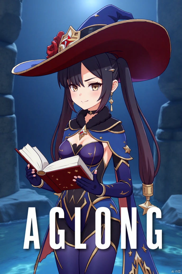 1girl, solo, long black hair with bangs, twintails, medium breasts, small breasts, wearing a witch hat, blue headwear, black gloves, detached sleeves, cape, leotard, bodystocking, thighlet, pantyhose, jewelry, earrings, smiling, looking at viewer, holding a book, standing in water with star symbols, cinematic lighting, dramatic atmosphere, high contrast, sharp focus, detailed background with a poster theme, dynamic composition, three-dimensional text AGlong in the middle below, movie poster style, inspired by Mona from Genshin Impact.