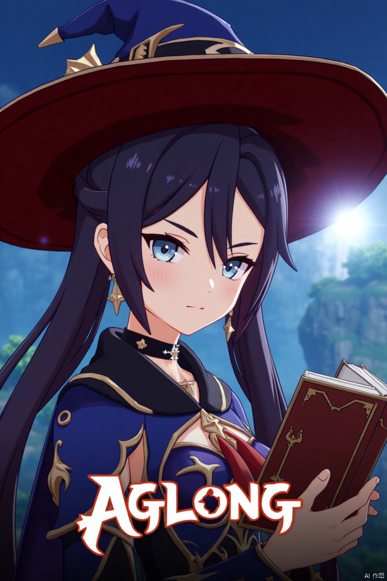 1girl, solo, long black hair with bangs, hair between eyes, twintails, and a braid, blue eyes, looking at viewer, closed mouth, wearing a witch hat, black choker, earrings, and jewelry, upper body shot from the side, holding a book, cinematic lighting, dramatic atmosphere, high contrast, sharp focus, detailed background with a poster theme, dynamic composition, three-dimensional text AGlong in the middle below, movie poster style, inspired by Mona from Genshin Impact.