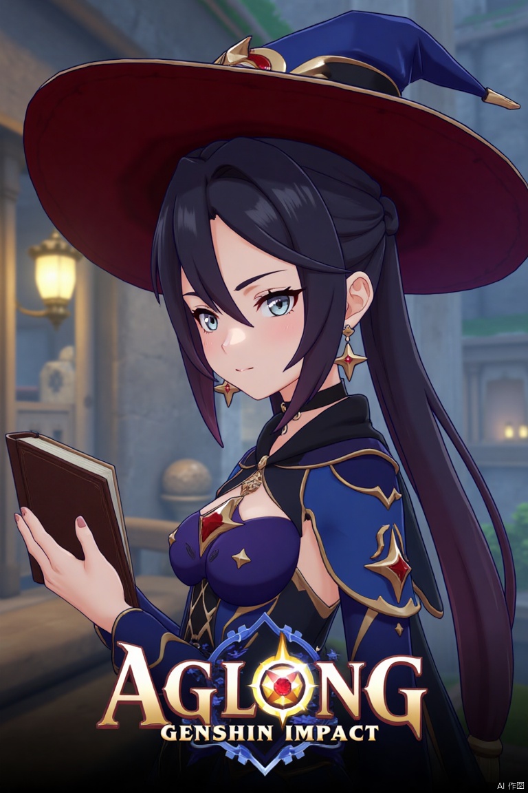 1girl, solo, long black hair with bangs, hair between eyes, twintails, and a braid, blue eyes, looking at viewer, closed mouth, wearing a witch hat, black choker, earrings, and jewelry, upper body shot from the side, holding a book, cinematic lighting, dramatic atmosphere, high contrast, sharp focus, detailed background with a poster theme, dynamic composition, three-dimensional text AGlong in the middle below, movie poster style, inspired by Mona from Genshin Impact.