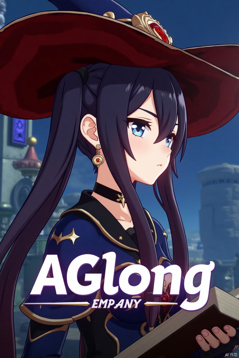 1girl, solo, long black hair with bangs, hair between eyes, twintails, and a braid, blue eyes, looking at viewer, closed mouth, wearing a witch hat, black choker, earrings, and jewelry, upper body shot from the side, holding a book, cinematic lighting, dramatic atmosphere, high contrast, sharp focus, detailed background with a poster theme, dynamic composition, three-dimensional text AGlong in the middle below, movie poster style, inspired by Mona from Genshin Impact.