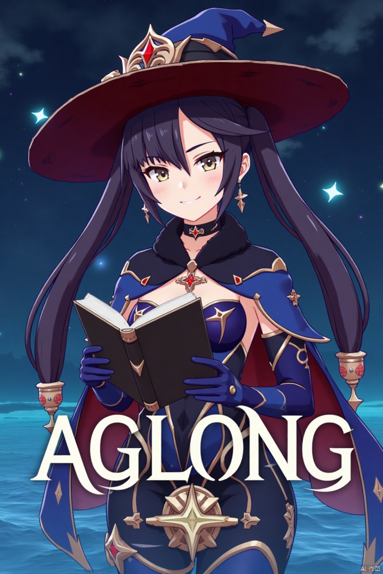 1girl, solo, long black hair with bangs, twintails, medium breasts, small breasts, wearing a witch hat, blue headwear, black gloves, detached sleeves, cape, leotard, bodystocking, thighlet, pantyhose, jewelry, earrings, smiling, looking at viewer, holding a book, standing in water with star symbols, cinematic lighting, dramatic atmosphere, high contrast, sharp focus, detailed background with a poster theme, dynamic composition, three-dimensional text AGlong in the middle below, movie poster style, inspired by Mona from Genshin Impact.