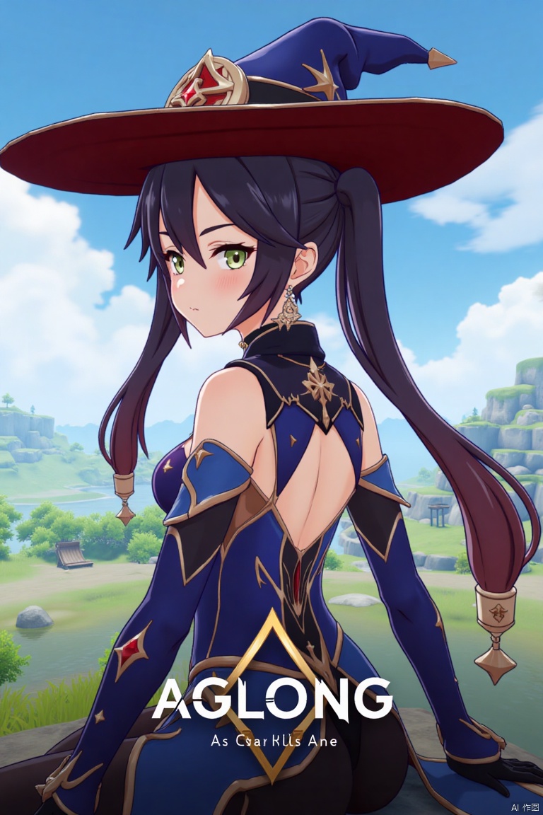 1girl, solo, long black hair with bangs, twintails, hair ornament, green eyes, blush, looking at viewer, sitting in seiza position, bare shoulders, wearing a witch hat, black gloves, detached sleeves, choker, jewelry, earrings, leotard, pantyhose, outdoors under a daytime sky, looking back at water, cinematic lighting, dramatic atmosphere, high contrast, sharp focus, detailed background with a poster theme, dynamic composition, three-dimensional text AGlong in the middle below, movie poster style, inspired by Mona from Genshin Impact, with a slime from Genshin Impact nearby.