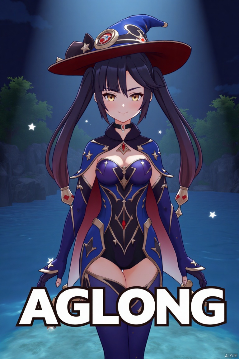 1girl, solo, long black hair with bangs, twintails, medium breasts, small breasts, wearing a witch hat, blue headwear, black gloves, detached sleeves, cape, leotard, bodystocking, thighlet, pantyhose, jewelry, earrings, smiling, looking at viewer, holding a book, standing in water with star symbols, cinematic lighting, dramatic atmosphere, high contrast, sharp focus, detailed background with a poster theme, dynamic composition, three-dimensional text AGlong in the middle below, movie poster style, inspired by Mona from Genshin Impact.