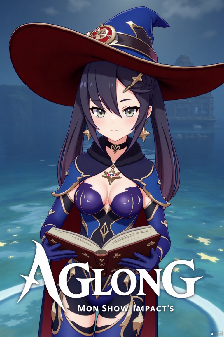 1girl, solo, long black hair with bangs, twintails, medium breasts, small breasts, wearing a witch hat, blue headwear, black gloves, detached sleeves, cape, leotard, bodystocking, thighlet, pantyhose, jewelry, earrings, smiling, looking at viewer, holding a book, standing in water with star symbols, cinematic lighting, dramatic atmosphere, high contrast, sharp focus, detailed background with a poster theme, dynamic composition, three-dimensional text AGlong in the middle below, movie poster style, inspired by Mona from Genshin Impact.