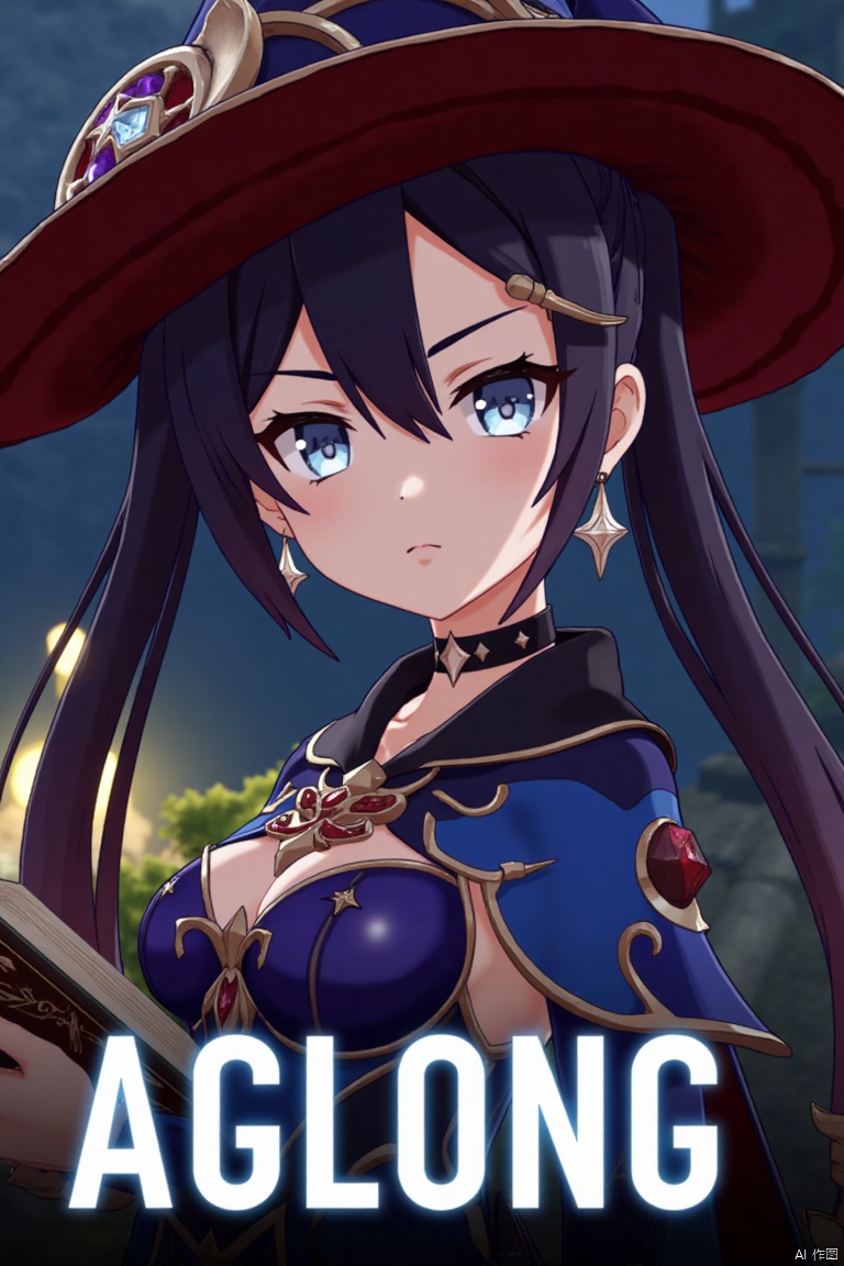 1girl, solo, long black hair with bangs, hair between eyes, twintails, and a braid, blue eyes, looking at viewer, closed mouth, wearing a witch hat, black choker, earrings, and jewelry, upper body shot from the side, holding a book, cinematic lighting, dramatic atmosphere, high contrast, sharp focus, detailed background with a poster theme, dynamic composition, three-dimensional text AGlong in the middle below, movie poster style, inspired by Mona from Genshin Impact.