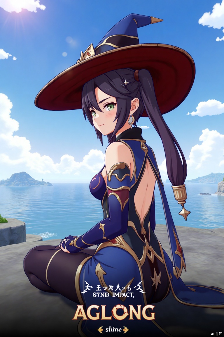 1girl, solo, long black hair with bangs, twintails, hair ornament, green eyes, blush, looking at viewer, sitting in seiza position, bare shoulders, wearing a witch hat, black gloves, detached sleeves, choker, jewelry, earrings, leotard, pantyhose, outdoors under a daytime sky, looking back at water, cinematic lighting, dramatic atmosphere, high contrast, sharp focus, detailed background with a poster theme, dynamic composition, three-dimensional text AGlong in the middle below, movie poster style, inspired by Mona from Genshin Impact, with a slime from Genshin Impact nearby.