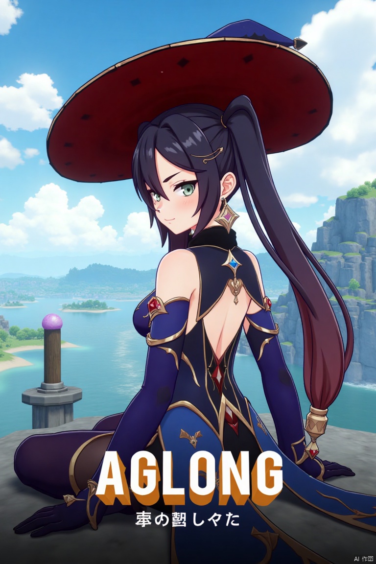 1girl, solo, long black hair with bangs, twintails, hair ornament, green eyes, blush, looking at viewer, sitting in seiza position, bare shoulders, wearing a witch hat, black gloves, detached sleeves, choker, jewelry, earrings, leotard, pantyhose, outdoors under a daytime sky, looking back at water, cinematic lighting, dramatic atmosphere, high contrast, sharp focus, detailed background with a poster theme, dynamic composition, three-dimensional text AGlong in the middle below, movie poster style, inspired by Mona from Genshin Impact, with a slime from Genshin Impact nearby.