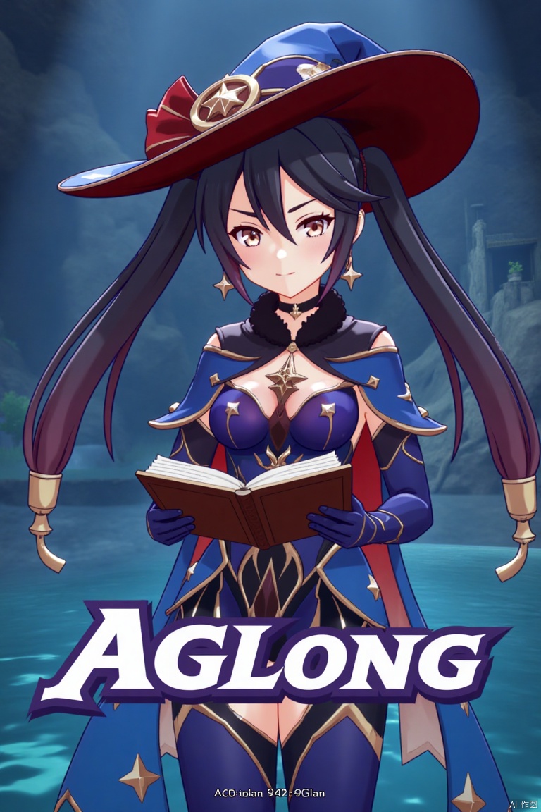 1girl, solo, long black hair with bangs, twintails, medium breasts, small breasts, wearing a witch hat, blue headwear, black gloves, detached sleeves, cape, leotard, bodystocking, thighlet, pantyhose, jewelry, earrings, smiling, looking at viewer, holding a book, standing in water with star symbols, cinematic lighting, dramatic atmosphere, high contrast, sharp focus, detailed background with a poster theme, dynamic composition, three-dimensional text AGlong in the middle below, movie poster style, inspired by Mona from Genshin Impact.