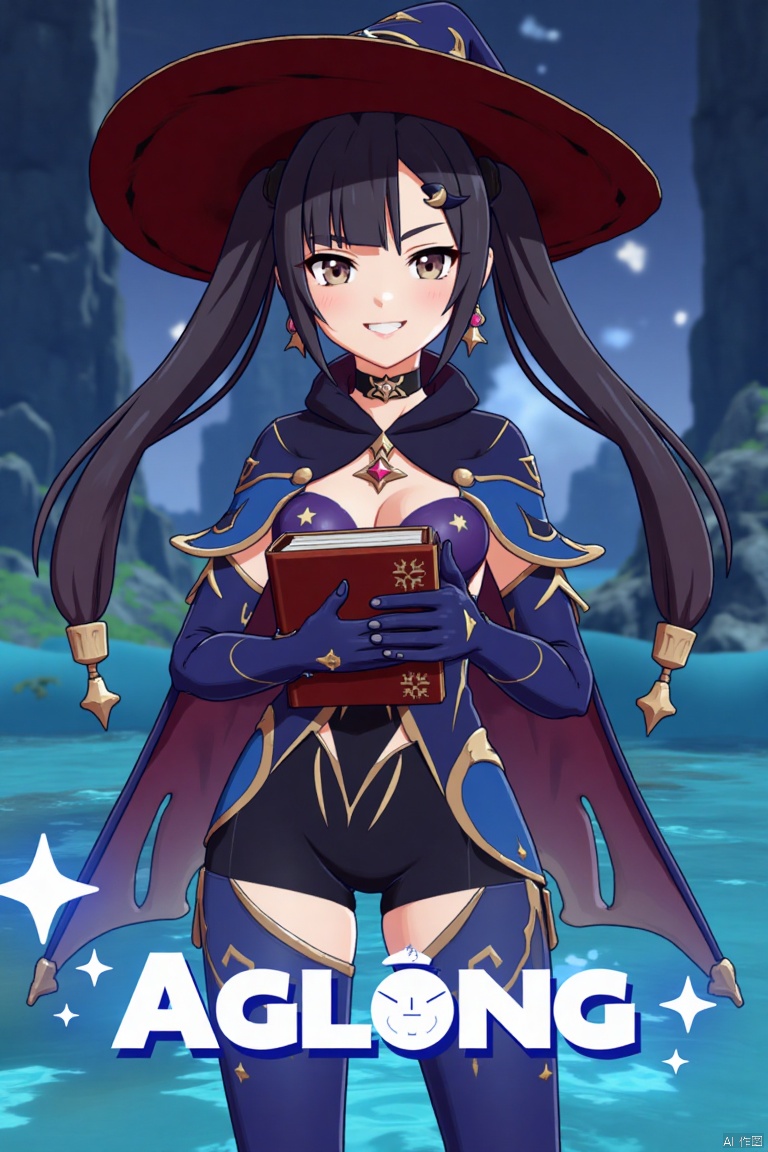 1girl, solo, long black hair with bangs, twintails, medium breasts, small breasts, wearing a witch hat, blue headwear, black gloves, detached sleeves, cape, leotard, bodystocking, thighlet, pantyhose, jewelry, earrings, smiling, looking at viewer, holding a book, standing in water with star symbols, cinematic lighting, dramatic atmosphere, high contrast, sharp focus, detailed background with a poster theme, dynamic composition, three-dimensional text AGlong in the middle below, movie poster style, inspired by Mona from Genshin Impact.