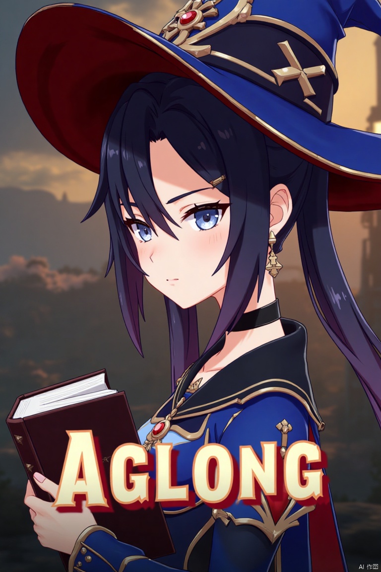 1girl, solo, long black hair with bangs, hair between eyes, twintails, and a braid, blue eyes, looking at viewer, closed mouth, wearing a witch hat, black choker, earrings, and jewelry, upper body shot from the side, holding a book, cinematic lighting, dramatic atmosphere, high contrast, sharp focus, detailed background with a poster theme, dynamic composition, three-dimensional text AGlong in the middle below, movie poster style, inspired by Mona from Genshin Impact.