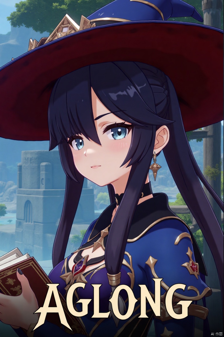 1girl, solo, long black hair with bangs, hair between eyes, twintails, and a braid, blue eyes, looking at viewer, closed mouth, wearing a witch hat, black choker, earrings, and jewelry, upper body shot from the side, holding a book, cinematic lighting, dramatic atmosphere, high contrast, sharp focus, detailed background with a poster theme, dynamic composition, three-dimensional text AGlong in the middle below, movie poster style, inspired by Mona from Genshin Impact.