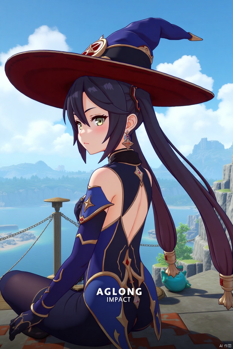 1girl, solo, long black hair with bangs, twintails, hair ornament, green eyes, blush, looking at viewer, sitting in seiza position, bare shoulders, wearing a witch hat, black gloves, detached sleeves, choker, jewelry, earrings, leotard, pantyhose, outdoors under a daytime sky, looking back at water, cinematic lighting, dramatic atmosphere, high contrast, sharp focus, detailed background with a poster theme, dynamic composition, three-dimensional text AGlong in the middle below, movie poster style, inspired by Mona from Genshin Impact, with a slime from Genshin Impact nearby.