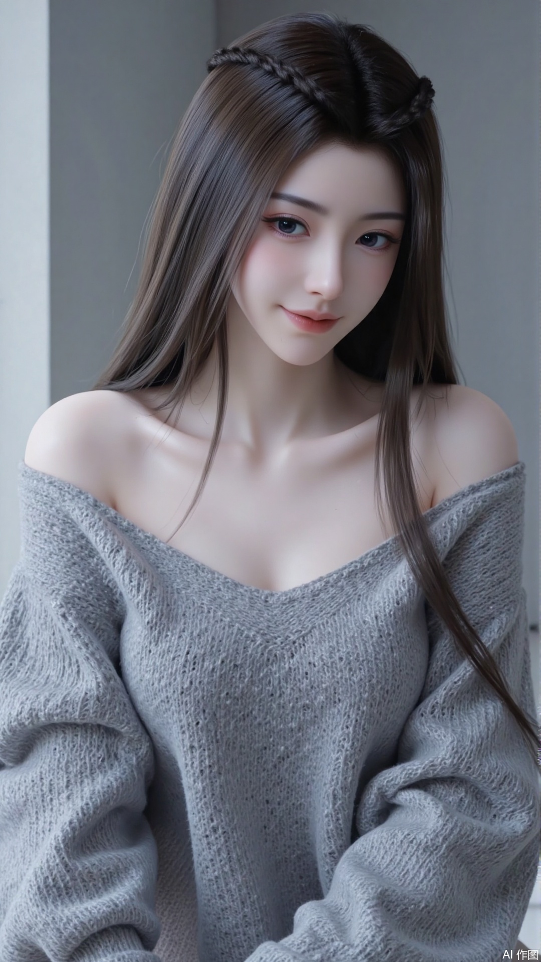 1girl, solo, long hair, looking at viewer, smile, sitting, collarbone, off shoulder, sweater, messy hair, realistic