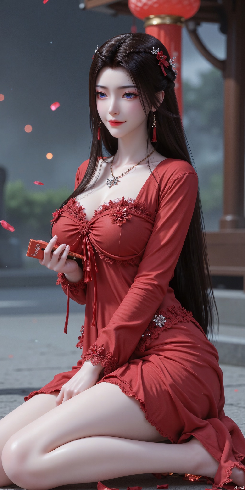 ,(Canon RF85mm f/1.2,best quality,HDR,Realisticity:1.4,(realistic light and shadow):1.5,Cinematic Lighting,the tyndall effect),(1 girl,korean mixed,kpop idol:1.2,beautiful long_Slender_legs,kneeling,holding a little red envelope),(long_brown_wavy_hair),(star shaped pupils,shiny eyes,make-up),(white_shiny_skin,black eyes,Pore,skin texture,shiny),(necklace,earrings,bracelet),(smile):1.2,red sofa,red red,red blanket,red lantern,red neon,(gorgeous,jewelry,earrings,sky,water,necklace,hair bun,wet,petals,random pose,night sky,falling petals):1.5,