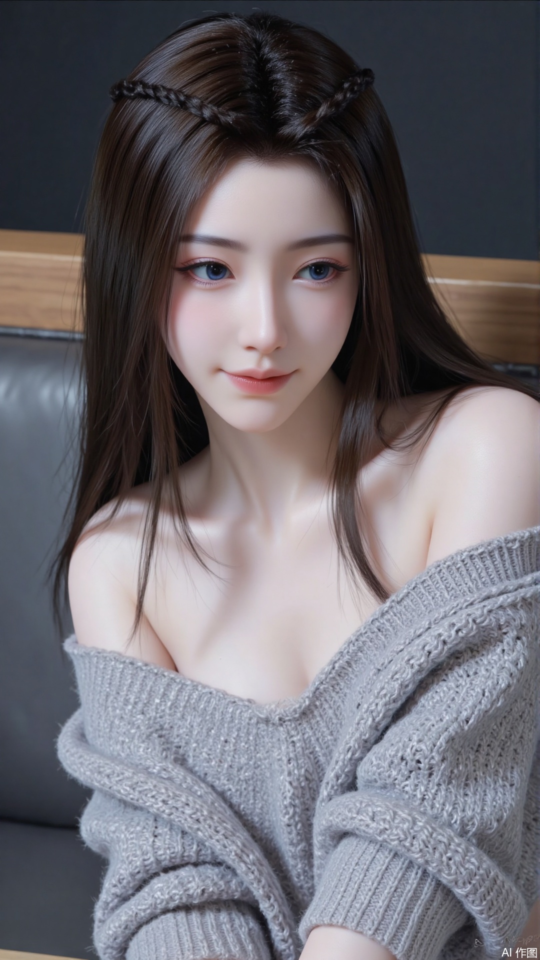 1girl, solo, long hair, looking at viewer, smile, sitting, collarbone, off shoulder, sweater, messy hair, realistic