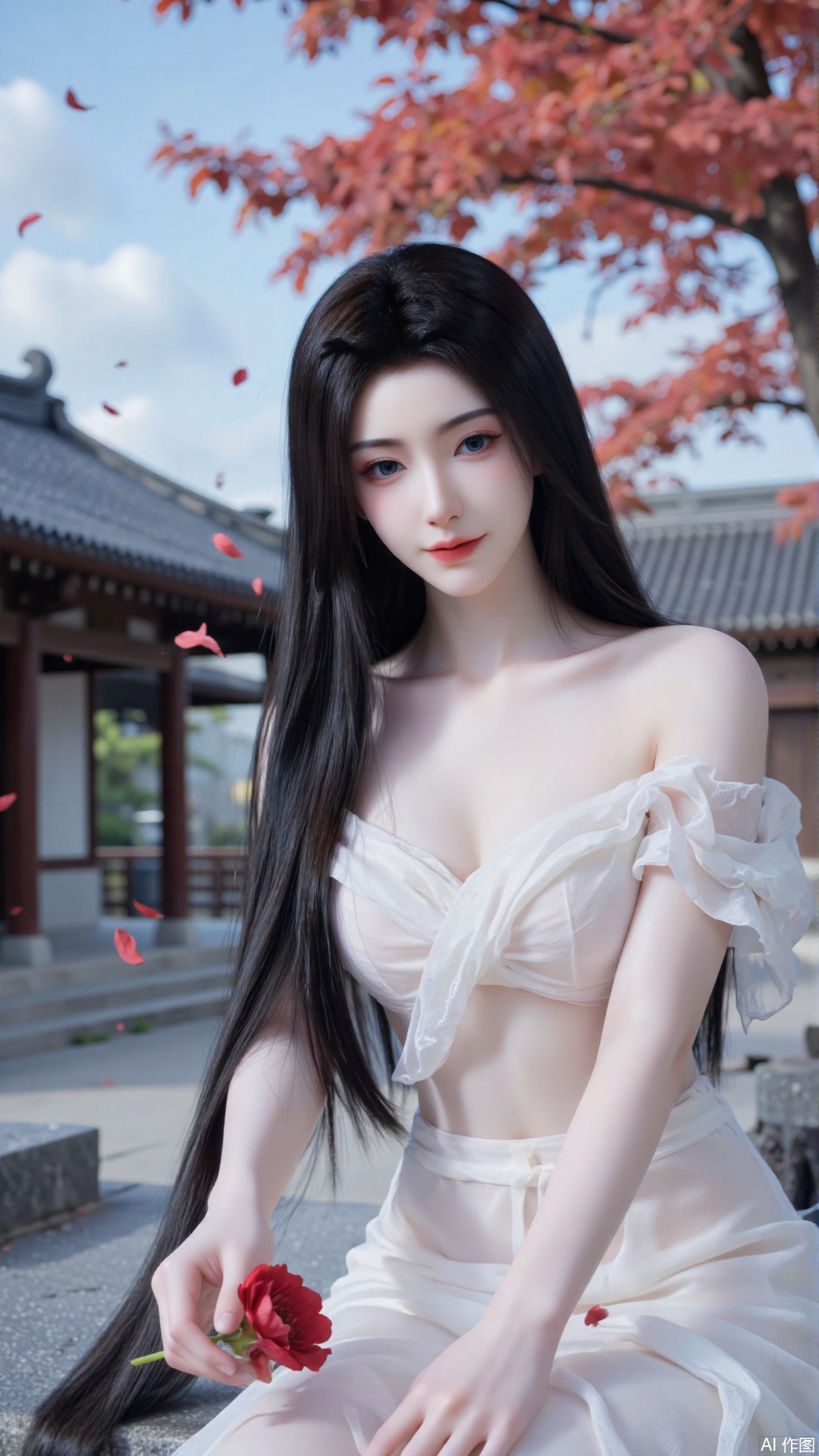 Appearance: Long and smooth hair, black hair, exquisite makeup, deep eyes, high nose bridge, rosy lips, and a lovely smile. • Clothing: Traditional ancient Chinese clothing, characterized by thin and semi-transparent white off-the-shoulder evening gowns. • Environment: Ancient-style courtyard, with red trees and falling red petals in the background, blue sky and white clouds. This girl is sitting on the branch. • Prop: Holding a red flower in hand. Overall atmosphere: The overall atmosphere is beautiful and romantic, with a simple and ancient artistic conception, and a sense of tranquility and elegance.