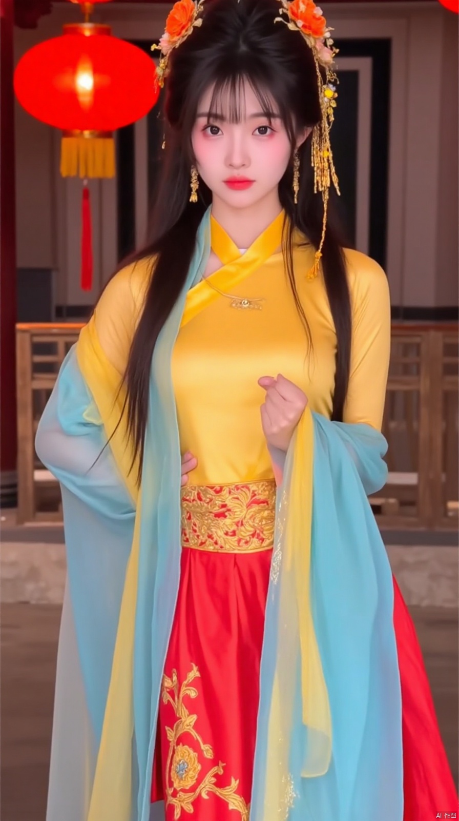 The image shows a young woman dressed in a traditional Chinese costume. She is wearing a yellow and red dress with a blue shawl draped over her shoulders. The dress has a high neckline and long sleeves, and the skirt is made of a red fabric with gold embroidery. The woman has long dark hair styled in loose waves and is wearing an orange flower crown on her head. She has a serious expression on her face and is posing with one hand on her hip. In the background, there are red lanterns hanging from the ceiling and a wooden floor.