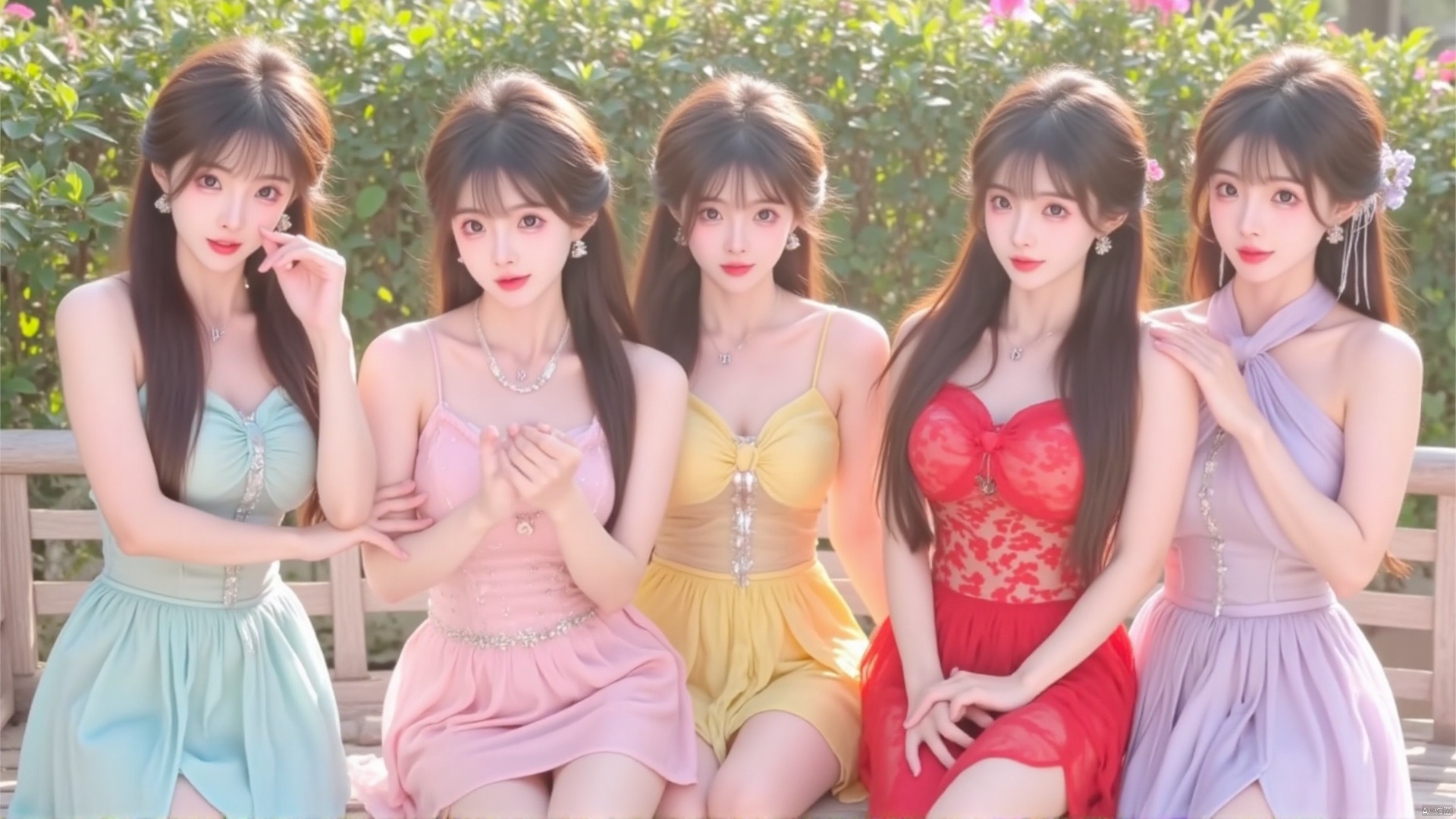 4 girls,Realistic photos, sitting,(the 4 girls have different faces:1.5), (The 4 girls have different hairstyles:1.2),  the 4 girls have different colorful clothes,the 4 girls all pose with different pose,[see-through evening dress:0.3],huge Breasts,cleavage,Masterpiece, best quality, amazing details, realistic photos,window, flowers, sunny,