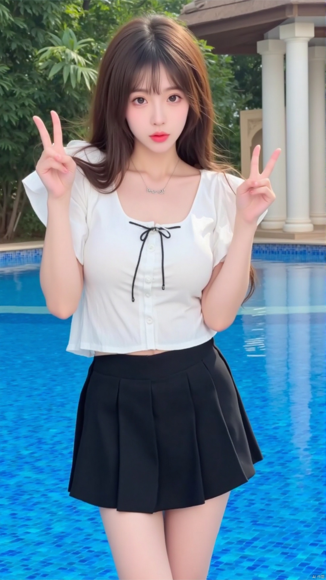 The image shows a young woman standing in front of a swimming pool. She is wearing a white blouse with a black skirt and has long brown hair with bangs. She has a serious expression on her face and is making a peace sign with her hands. In the background, there are trees and a building with columns. The woman appears to be posing for a photo.