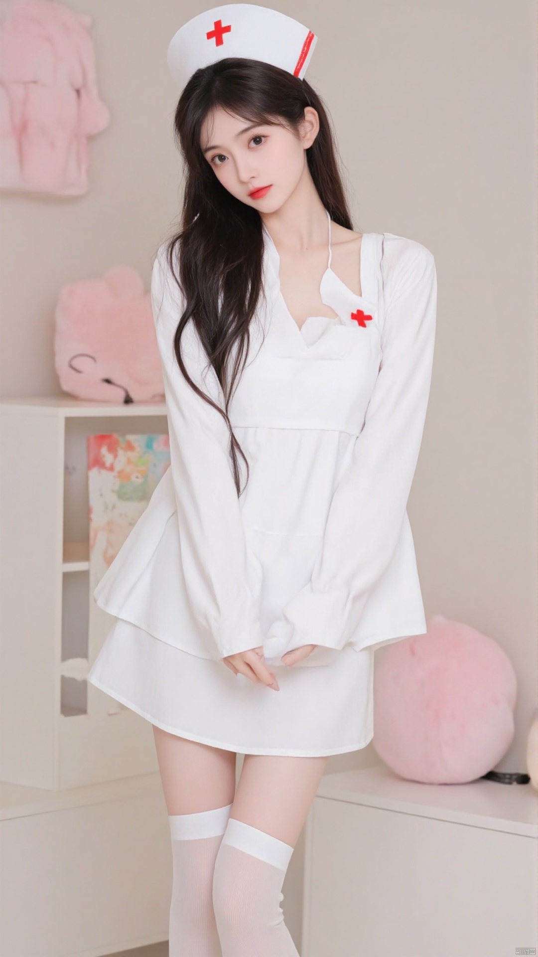The image shows a young woman dressed up as a nurse. She is wearing a white nurse uniform with a red cross on the chest and a white apron. She has long dark hair styled in loose waves and is wearing red lipstick. The woman is standing in front of a white wall with a pink stuffed animal and a toy cat on a shelf behind her. She appears to be posing for the camera with a serious expression on her face.
