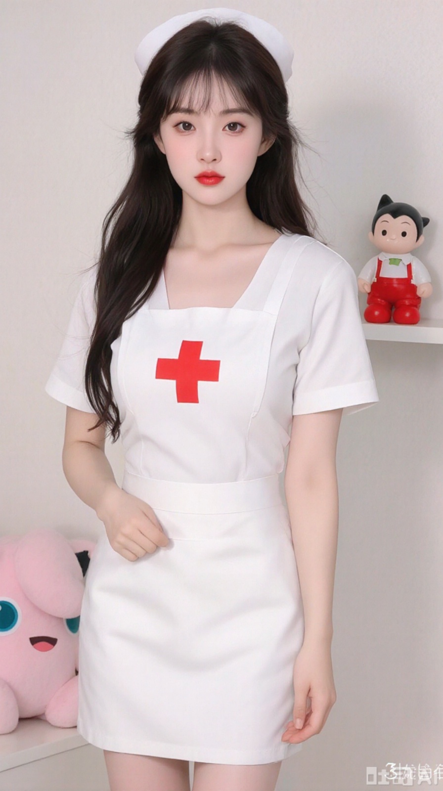 The image shows a young woman dressed up as a nurse. She is wearing a white nurse uniform with a red cross on the chest and a white apron. She has long dark hair styled in loose waves and is wearing red lipstick. The woman is standing in front of a white wall with a pink stuffed animal and a toy cat on a shelf behind her. She appears to be posing for the camera with a serious expression on her face.