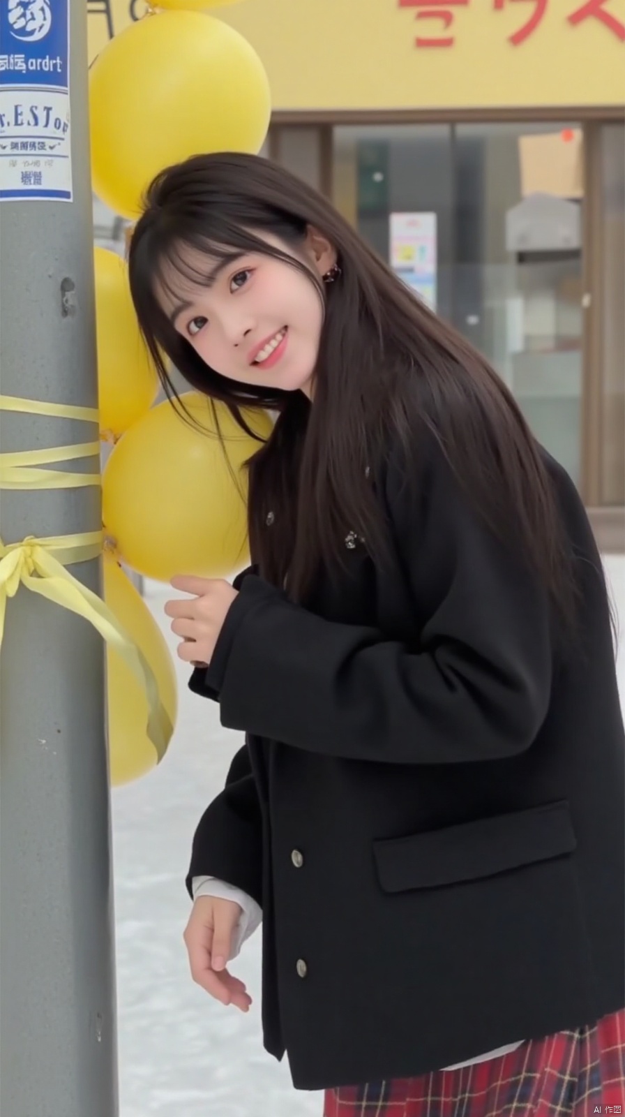 The image is a still from a Japanese TV show. It shows a young woman with long black hair, wearing a black jacket and a plaid skirt. She is leaning against a pole with yellow balloons attached to it. The background shows a building with a yellow sign that reads "Bury". The woman is smiling and looking directly at the camera.