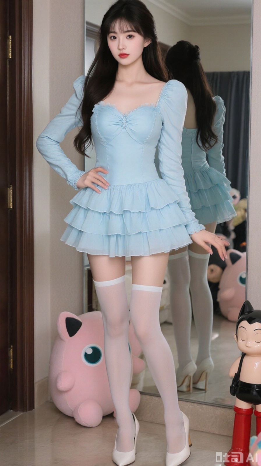 The image shows a young woman standing in front of a mirror in a dressing room. She is wearing a light blue dress with a ruffled skirt and white stockings. The dress has a sweetheart neckline and long sleeves. She has long dark hair styled in loose waves and is wearing white high heels. The woman is posing with one hand on her hip and the other resting on her thigh. There are several stuffed animals in the background, including a pink pig and a black cat.