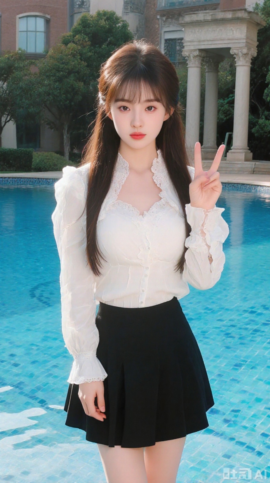 The image shows a young woman standing in front of a swimming pool. She is wearing a white blouse with a black skirt and has long brown hair with bangs. She has a serious expression on her face and is making a peace sign with her hands. In the background, there are trees and a building with columns. The woman appears to be posing for a photo.