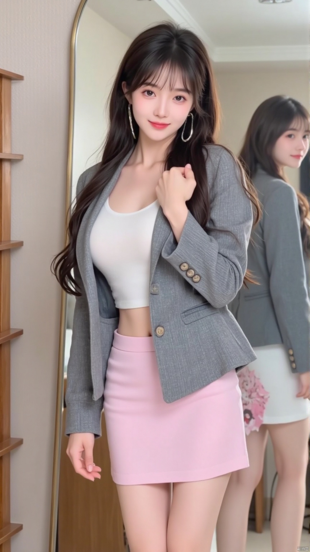 The image shows a young woman standing in front of a large mirror. She is wearing a grey blazer with a white shirt underneath and a pink mini skirt. She has long dark hair styled in loose waves and is wearing large hoop earrings. The woman is smiling and looking at the camera. In the background, there is another woman wearing a blue blazer and a white skirt. The room appears to be a dressing room with a wooden shelf on the left side of the image.
