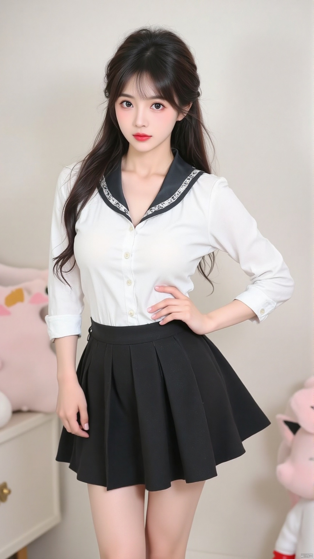 The image is of a young woman posing in a room with a white wall and a pink stuffed animal in the background. She is wearing a white collared shirt with a black collar and a black skirt with a ruffled hem. She has long dark hair styled in loose waves and is wearing red lipstick. The woman is standing with one hand on her hip and the other resting on her thigh. She appears to be confident and sultry.