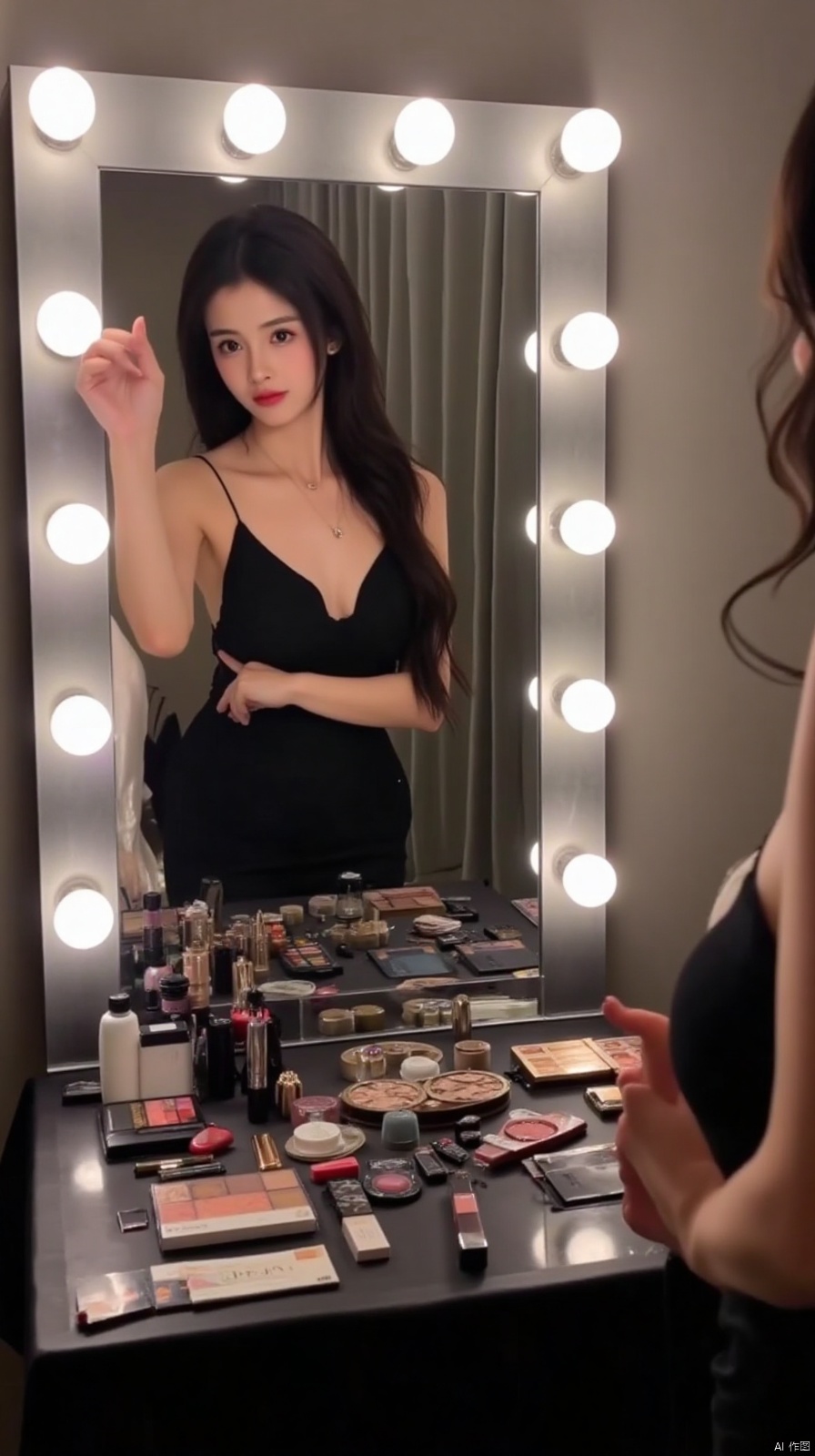 The image shows a young woman standing in front of a large mirror with multiple light bulbs around it. She is wearing a black dress with a plunging neckline and has long dark hair styled in loose waves. The woman is looking at her reflection in the mirror with a serious expression on her face. In front of her, there is a table covered with a black tablecloth and filled with various makeup products such as eyeshadow palettes, lipsticks, and lip glosses. There are also a few other makeup items scattered around the table. The overall mood of the image is glamorous and sophisticated.