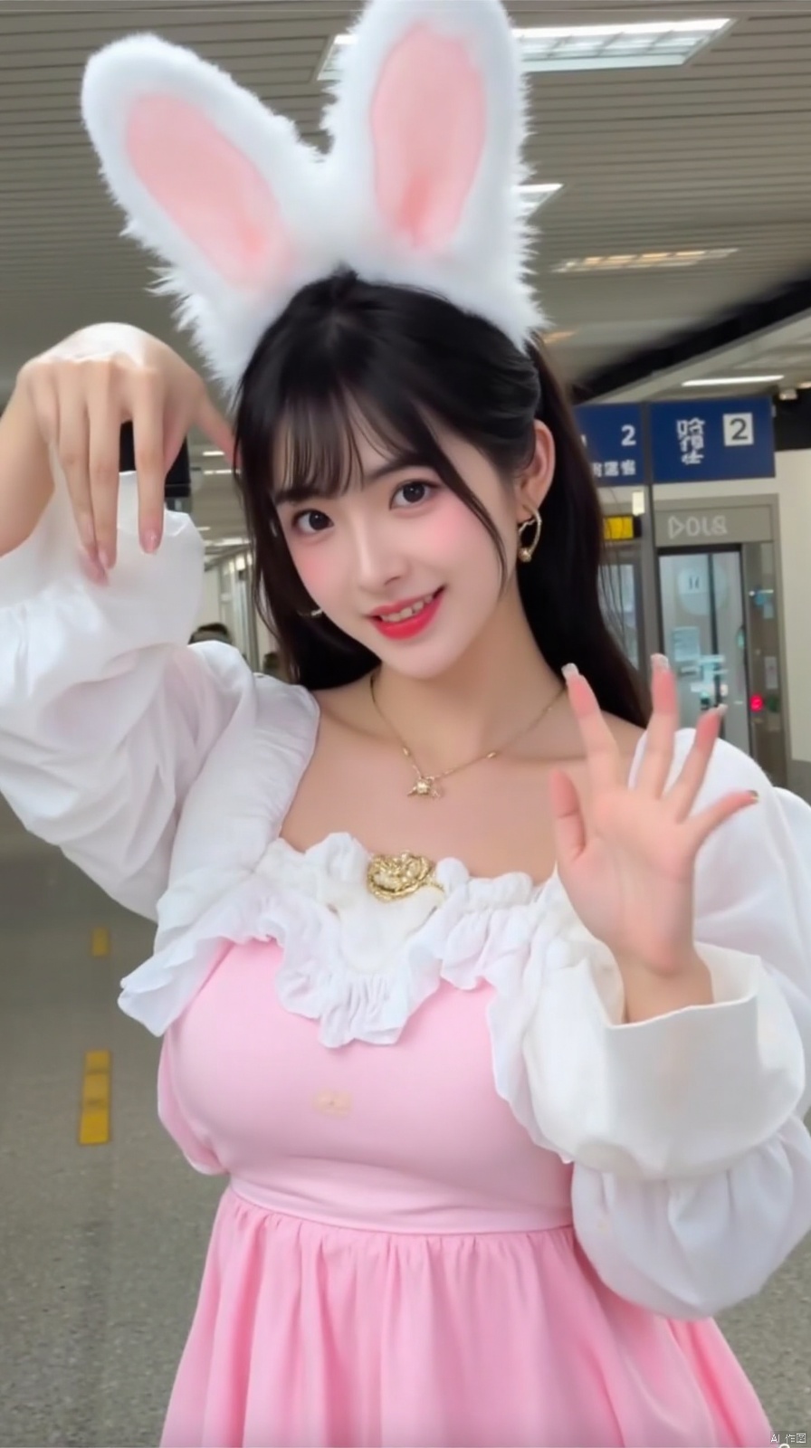 The image shows a young woman dressed up as a bunny. She is wearing a pink and white dress with a gold necklace and earrings. The dress has a high neckline and long sleeves. The woman has long black hair styled in loose waves and is wearing large white bunny ears on her head. She has her hands up in the air, as if she is dancing or posing for the photo. In the background, there is a train station with a sign that reads "2" and a bus stop.