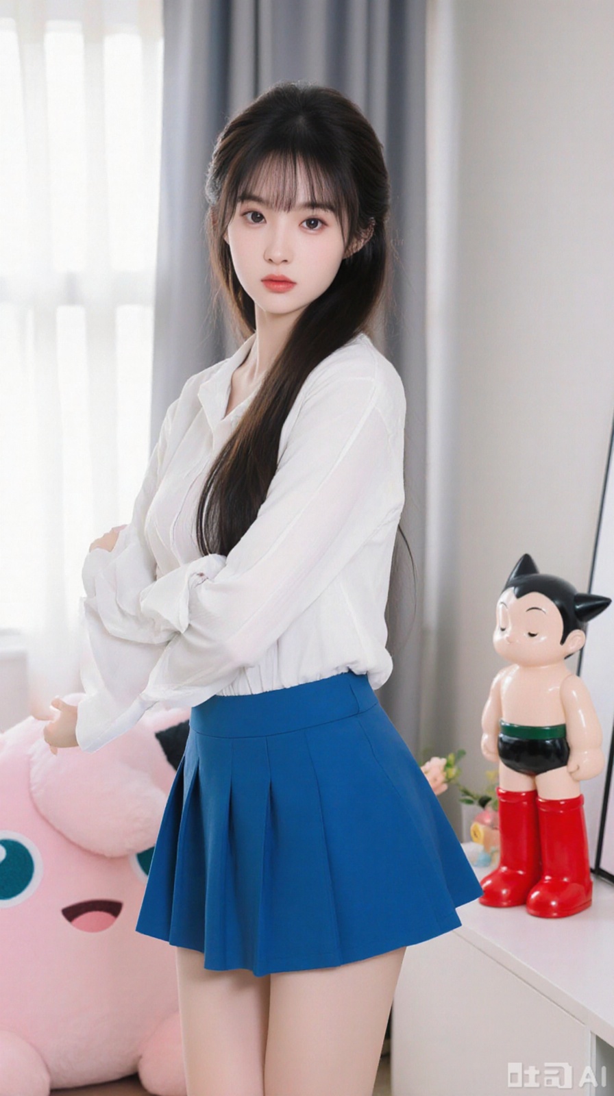 The image shows a young woman standing in a room with a white wall and a window in the background. She is wearing a white long-sleeved shirt and a blue mini skirt. She has long dark hair with bangs and is looking directly at the camera with a serious expression. On the right side of the image, there is a pink stuffed animal and a small figurine of a cat wearing red boots. The figurine appears to be a character from the popular anime series, Pokémon.
