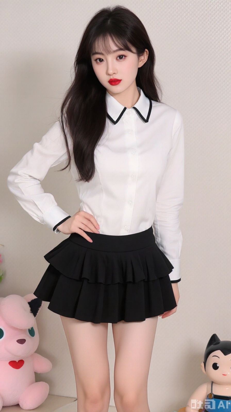 The image is of a young woman posing in a room with a white wall and a pink stuffed animal in the background. She is wearing a white collared shirt with a black collar and a black skirt with a ruffled hem. She has long dark hair styled in loose waves and is wearing red lipstick. The woman is standing with one hand on her hip and the other resting on her thigh. She appears to be confident and sultry.