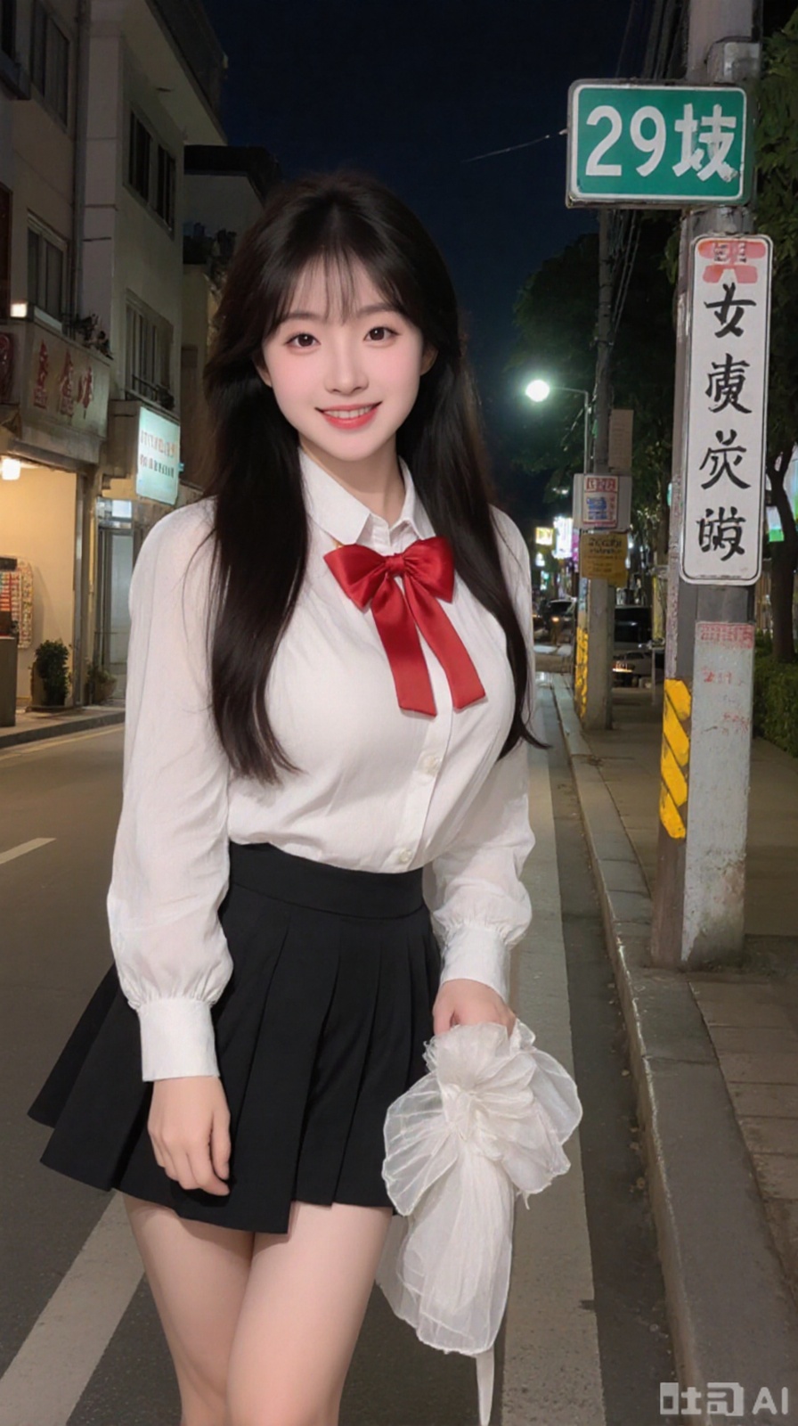 The image shows a young woman standing on a street at night. She is wearing a white blouse with a red bow tie and a black skirt. She has long dark hair and is smiling at the camera. On the right side of the image, there is a street sign with Chinese characters and numbers. The sign reads "29" and there are buildings and a car visible in the background.