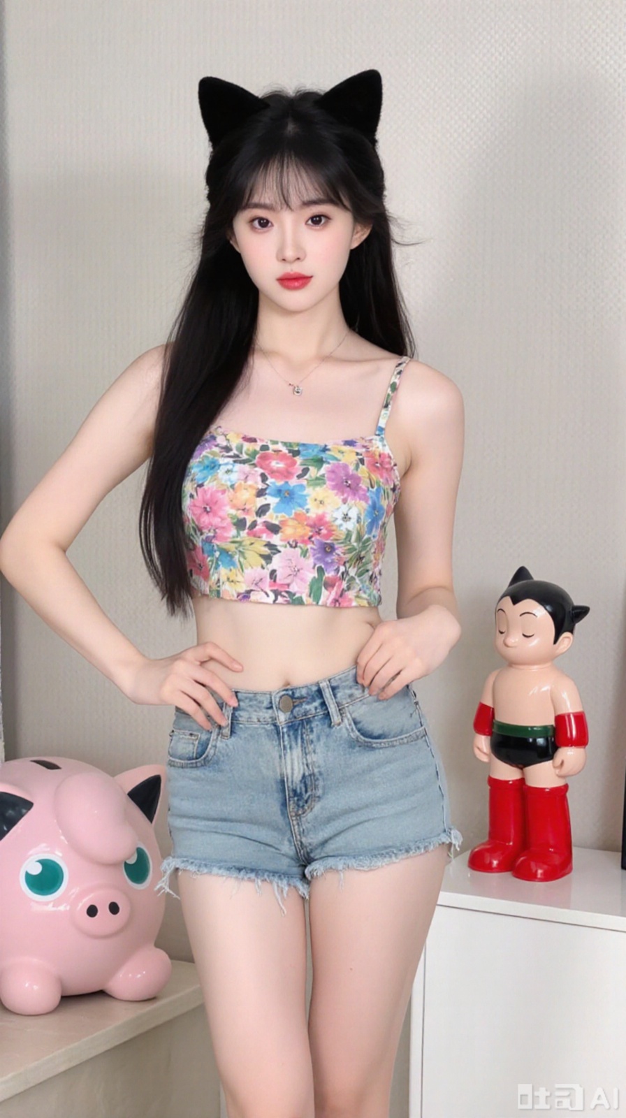 The image shows a young woman standing in a room with a white wall and a pink piggy bank on the left side. She is wearing a colorful crop top with a floral pattern and denim shorts. She has long black hair styled in two black cat ears on top of her head. On the right side of the image, there is a small figurine of a cat wearing red boots. The woman is posing with one hand on her hip and the other resting on her thigh.