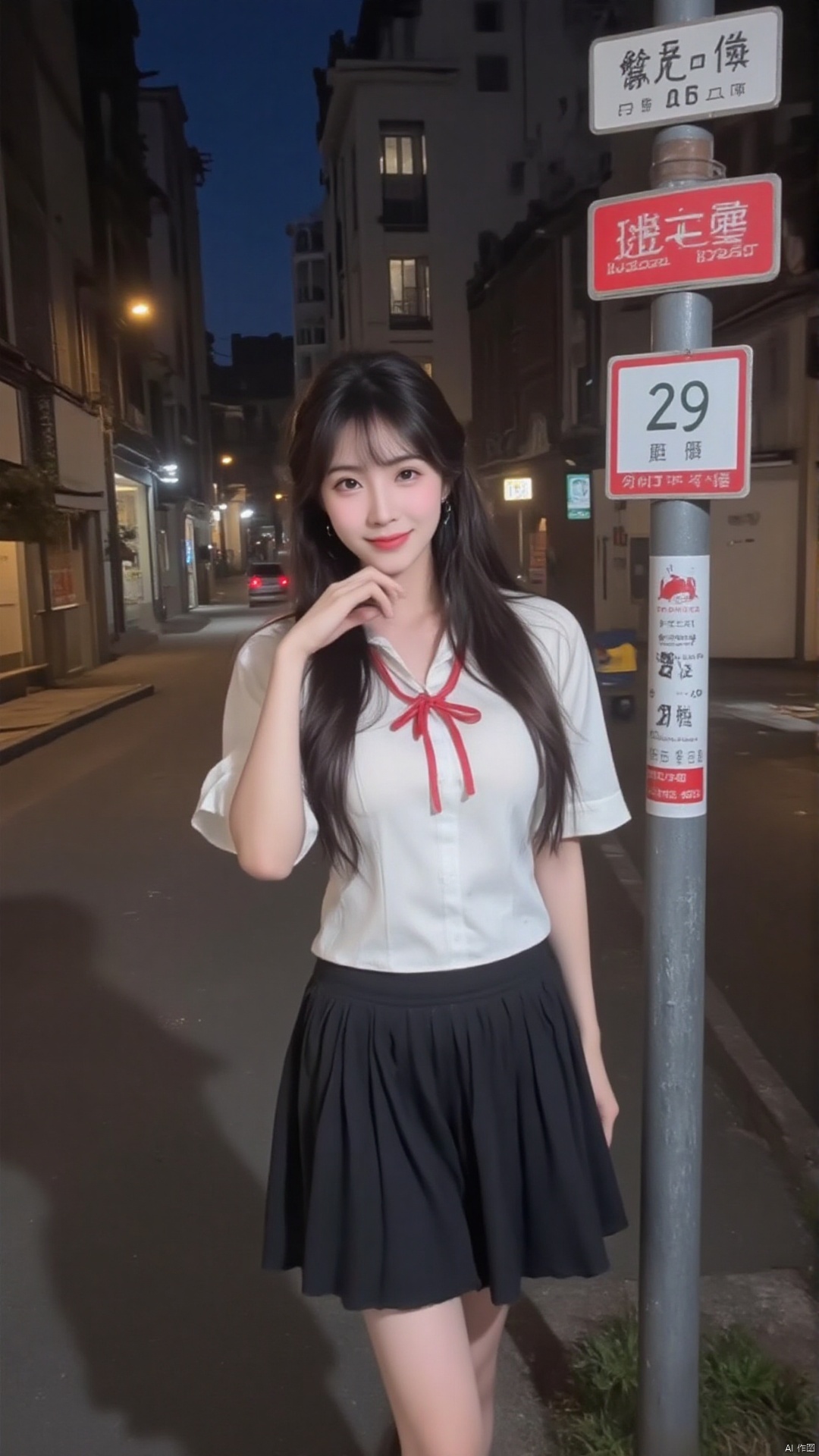 The image shows a young woman standing on a street at night. She is wearing a white blouse with a red bow tie and a black skirt. She has long dark hair and is smiling at the camera. On the right side of the image, there is a street sign with Chinese characters and numbers. The sign reads "29" and there are buildings and a car visible in the background.