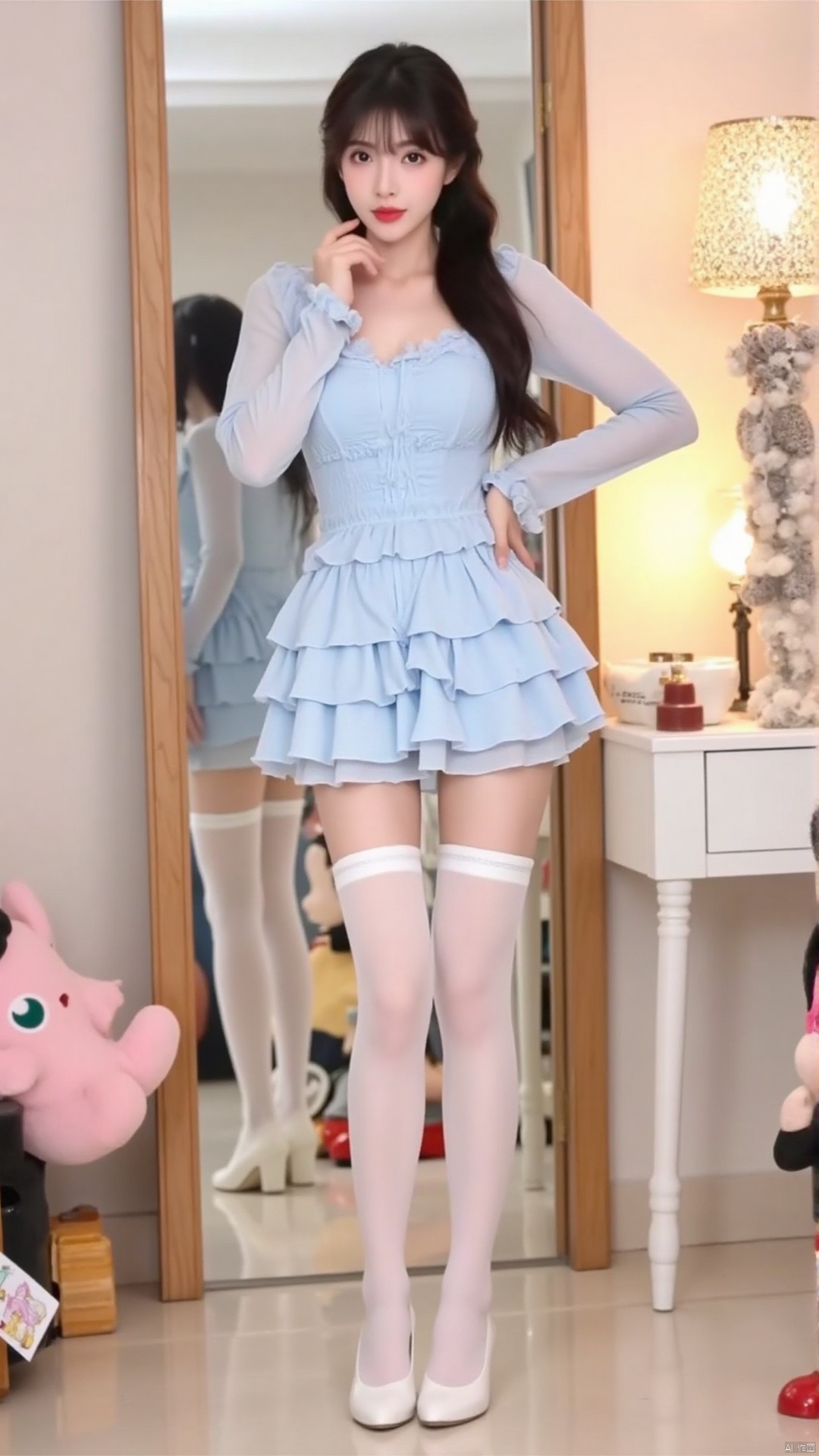 The image shows a young woman standing in front of a mirror in a dressing room. She is wearing a light blue dress with a ruffled skirt and white stockings. The dress has a sweetheart neckline and long sleeves. She has long dark hair styled in loose waves and is wearing white high heels. The woman is posing with one hand on her hip and the other resting on her thigh. There are several stuffed animals in the background, including a pink pig and a black cat.