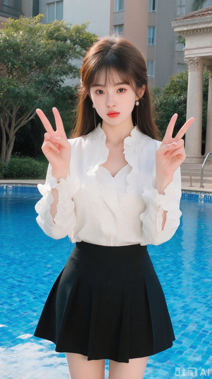 The image shows a young woman standing in front of a swimming pool. She is wearing a white blouse with a black skirt and has long brown hair with bangs. She has a serious expression on her face and is making a peace sign with her hands. In the background, there are trees and a building with columns. The woman appears to be posing for a photo.
