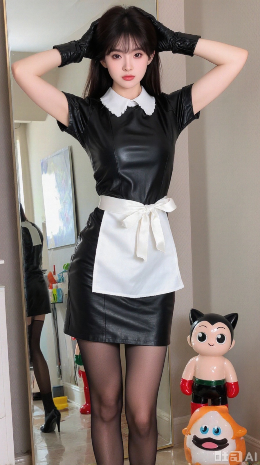 The image shows a young woman posing in a room with a mirror in the background. She is wearing a black leather dress with a white collar and a white apron tied around her neck. The dress has a high neckline and short sleeves, and she is also wearing black thigh-high stockings and high heels. She has long dark hair styled in a sleek bob with bangs and is holding a pair of black gloves in her hands. The woman is standing with one hand on her hip and the other hand resting on her head, as if she is posing for the camera. There are several stuffed animals scattered around the room, including a cat figurine on the floor.