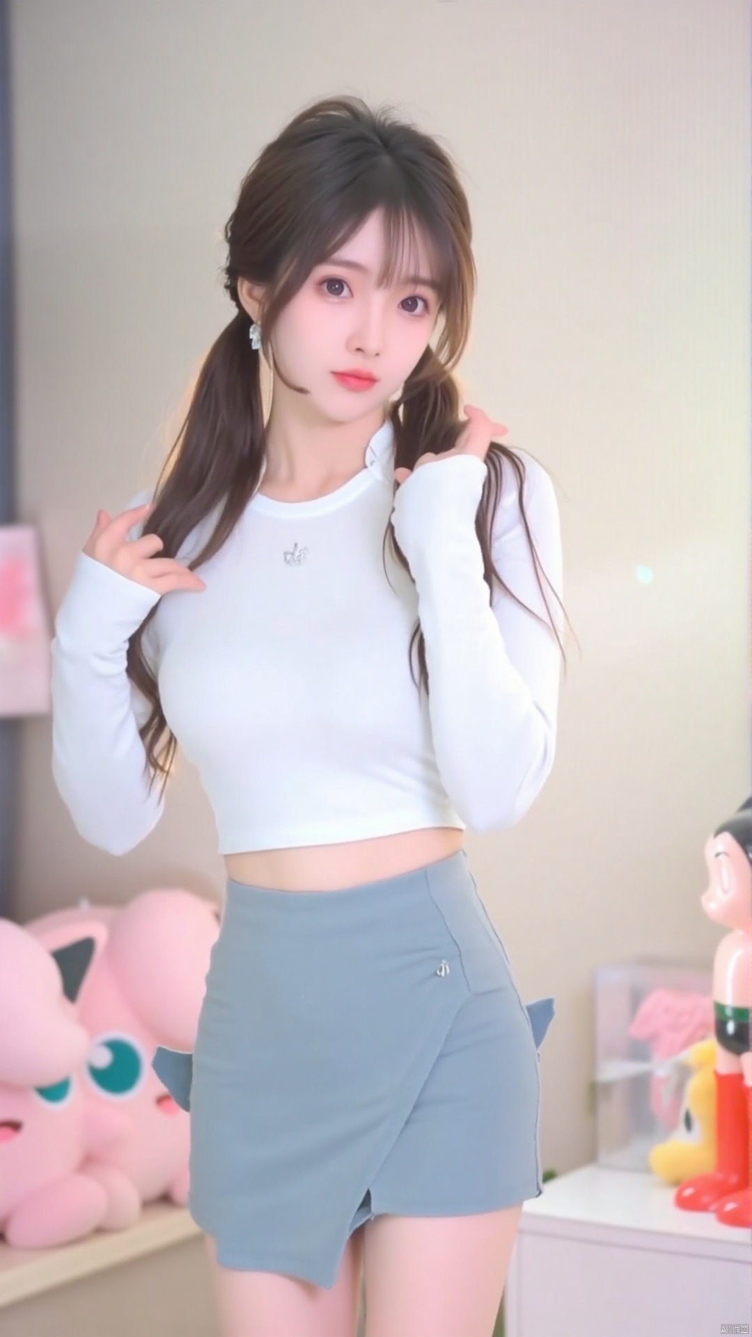 The image shows a young woman standing in a room with a white wall and a window in the background. She is wearing a white long-sleeved shirt and a blue mini skirt. She has long dark hair with bangs and is looking directly at the camera with a serious expression. On the right side of the image, there is a pink stuffed animal and a small figurine of a cat wearing red boots. The figurine appears to be a character from the popular anime series, Pokémon.