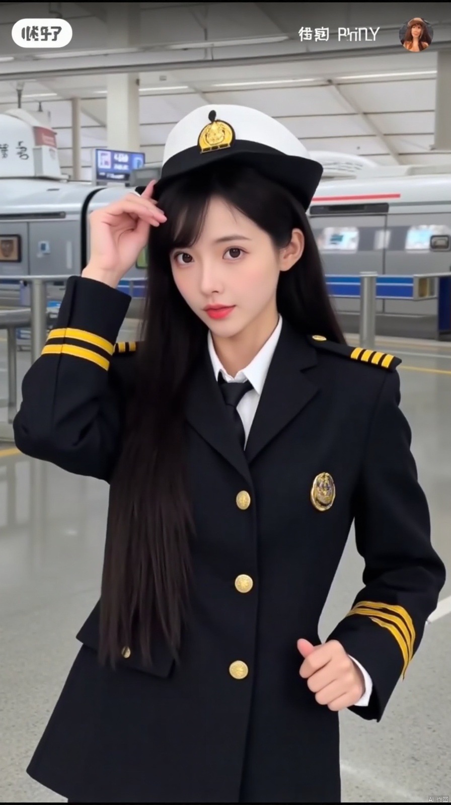 The image is a portrait of a young woman dressed in a military uniform. She is wearing a black blazer with gold epaulettes and a white sailor hat with a gold emblem on the front. She has long black hair and is posing with one hand on her hip and the other resting on her head. The background appears to be an airport terminal with a train on the tracks. The woman is looking directly at the camera with a serious expression on her face.