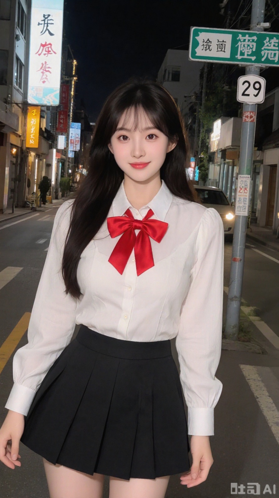 The image shows a young woman standing on a street at night. She is wearing a white blouse with a red bow tie and a black skirt. She has long dark hair and is smiling at the camera. On the right side of the image, there is a street sign with Chinese characters and numbers. The sign reads "29" and there are buildings and a car visible in the background.