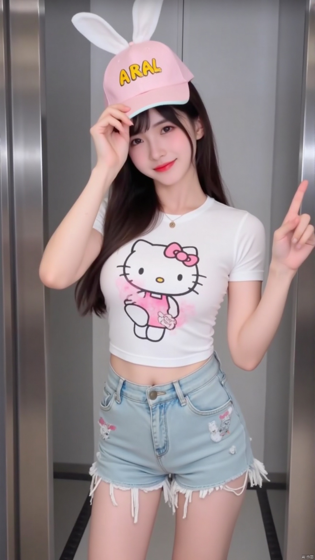 The image shows a young woman posing in an elevator. She is wearing a white t-shirt with a pink Hello Kitty design on it and light blue denim shorts. She has long dark hair and is holding up a pink baseball cap with the word "ARAL" written on it in yellow letters. The cap has a white bunny ears on top. The woman is smiling and looking directly at the camera. The background is blurred, but it appears to be a modern elevator with stainless steel doors.