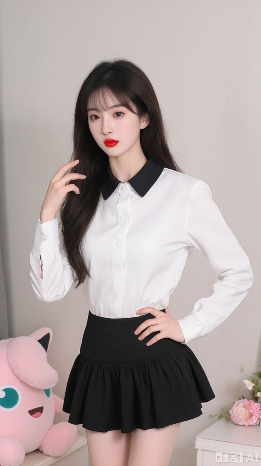 The image is of a young woman posing in a room with a white wall and a pink stuffed animal in the background. She is wearing a white collared shirt with a black collar and a black skirt with a ruffled hem. She has long dark hair styled in loose waves and is wearing red lipstick. The woman is standing with one hand on her hip and the other resting on her thigh. She appears to be confident and sultry.