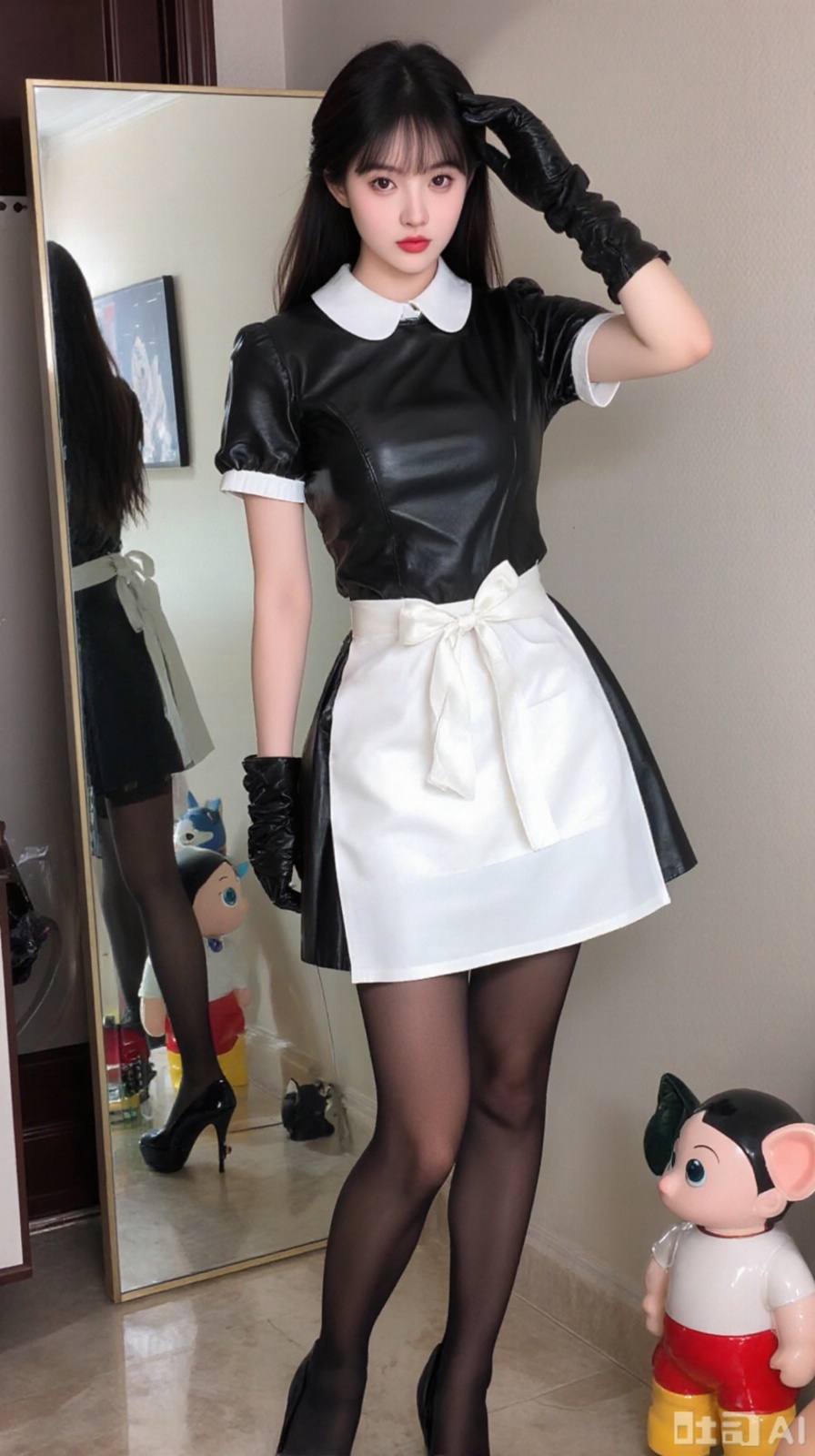 The image shows a young woman posing in a room with a mirror in the background. She is wearing a black leather dress with a white collar and a white apron tied around her neck. The dress has a high neckline and short sleeves, and she is also wearing black thigh-high stockings and high heels. She has long dark hair styled in a sleek bob with bangs and is holding a pair of black gloves in her hands. The woman is standing with one hand on her hip and the other hand resting on her head, as if she is posing for the camera. There are several stuffed animals scattered around the room, including a cat figurine on the floor.