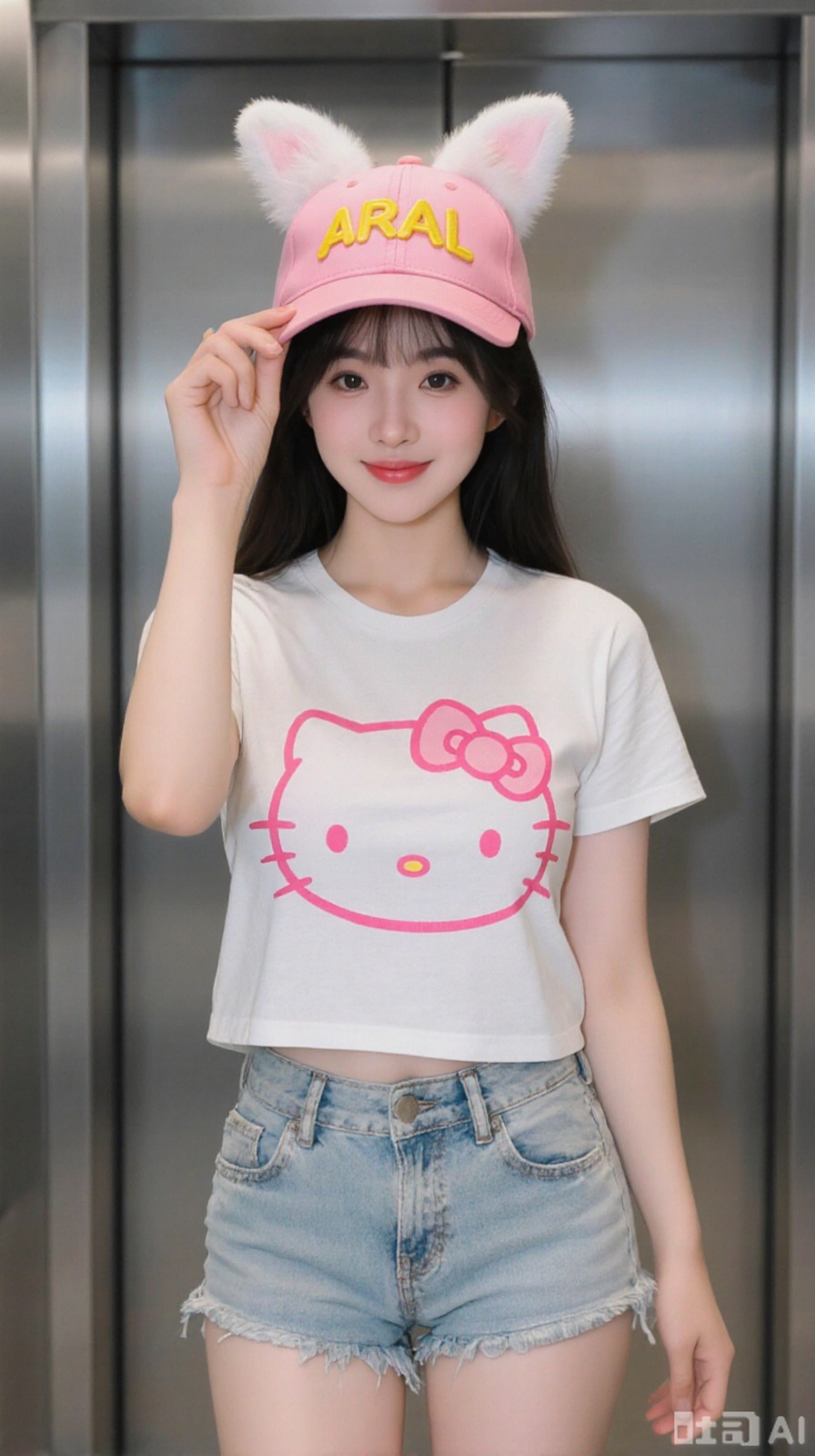 The image shows a young woman posing in an elevator. She is wearing a white t-shirt with a pink Hello Kitty design on it and light blue denim shorts. She has long dark hair and is holding up a pink baseball cap with the word "ARAL" written on it in yellow letters. The cap has a white bunny ears on top. The woman is smiling and looking directly at the camera. The background is blurred, but it appears to be a modern elevator with stainless steel doors.