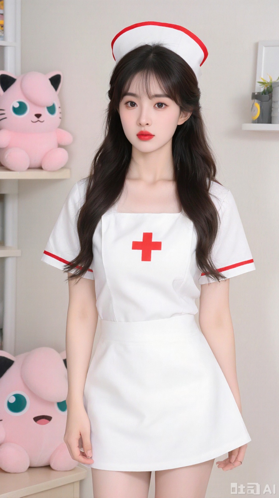 The image shows a young woman dressed up as a nurse. She is wearing a white nurse uniform with a red cross on the chest and a white apron. She has long dark hair styled in loose waves and is wearing red lipstick. The woman is standing in front of a white wall with a pink stuffed animal and a toy cat on a shelf behind her. She appears to be posing for the camera with a serious expression on her face.
